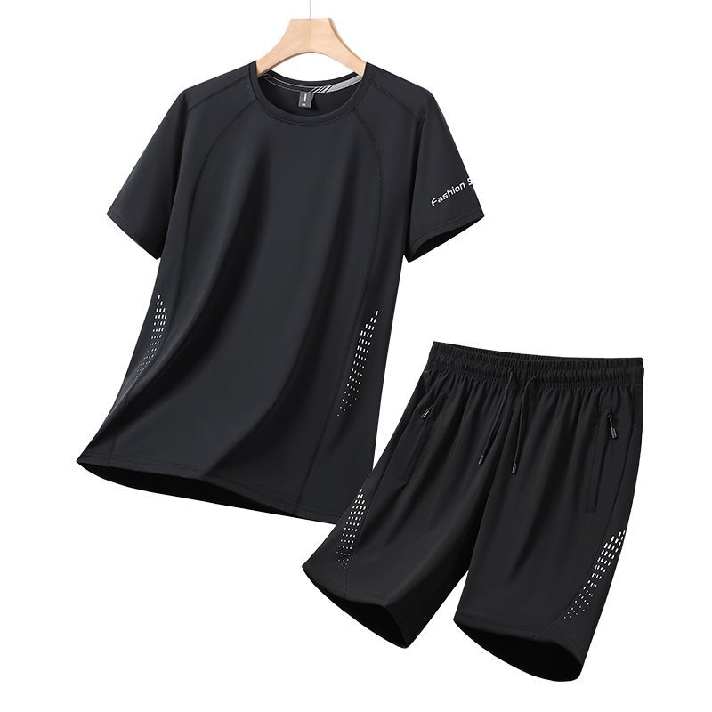 Nylon Ice Silk Quick-Drying Round Neck Short-Sleeved Suit High-Quality Fashionable Loose Large Size Sports Breathable Ice Silk Suit for Men