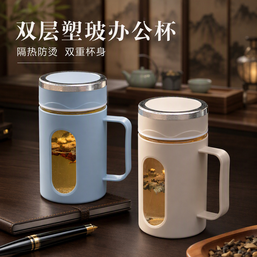 水杯高级感玻璃杯带把手双层隔热带盖办公室商务泡茶带壳水杯批发