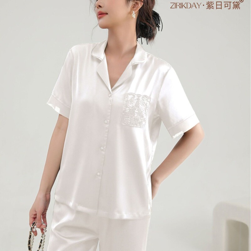 Ice Silk Pajamas for Women 2026 Summer New Short-Sleeved Cardigan Set Spring and Autumn High-End Imitation Silk Home Wear Ice Silk Pajamas for Women 2026 Summer New Short-Sleeved Cardigan Set Spring and Autumn High-End Imitation Silk Home Wear