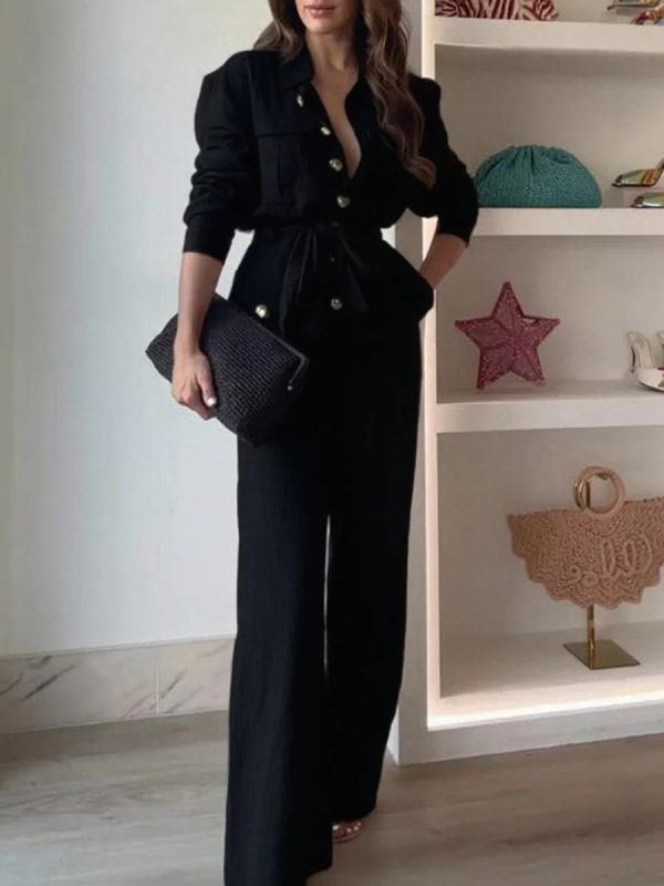 欧美跨境女装两件套女2025翻领长袖衬衫纽扣休闲纯色裤阔腿套装|undefined