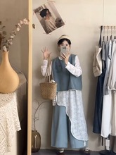 日系复古套装女春秋设计感洋气减龄牛仔马甲叠穿衬衫阔腿裤三件套