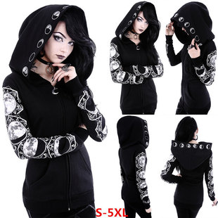 Foreign trade women's clothing 2024 autumn and winter AliExpress explosions black punk Peng hooded moon printed long sleeve casual sweater