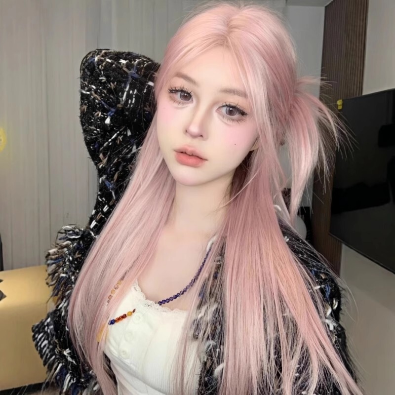 Keni Wig Pink Gold Forehead Lace Long Straight Hair Wig Female Full Headgear Universal Cos2025 Spring and Summer New Style