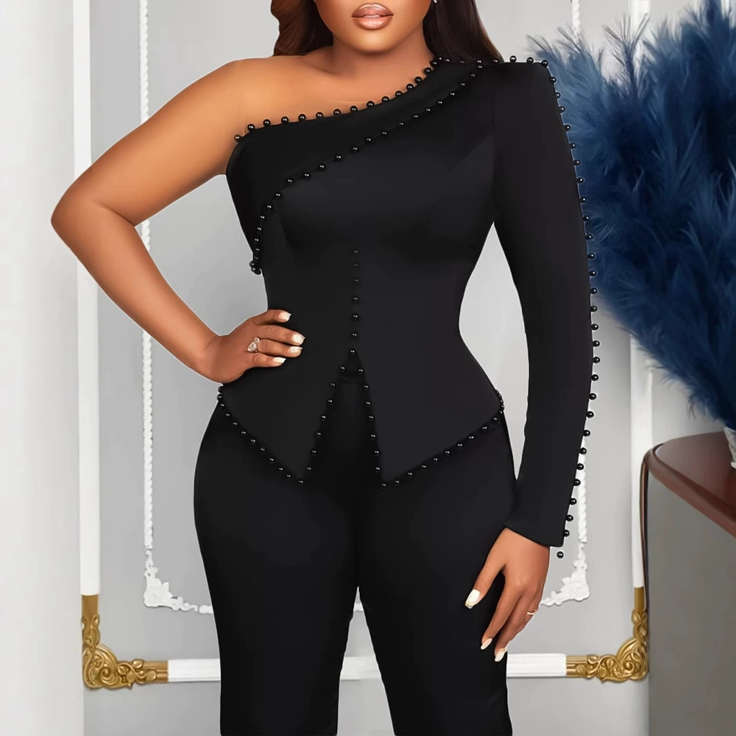 Amazon внешнеторговая женская одежда новый косый бисер OL Tongler набор из двух частей большой размер европейский и американский костюм