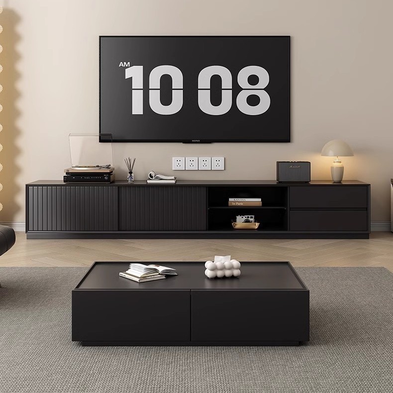 Estilo de lujo ligero moderno, estilo de alta gama, mueble de TV de madera maciza negra, sala de estar, hogar, piso simple contra la pared, apartamento grande