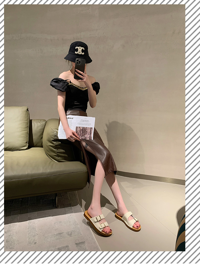 Echt leer Oxford-slippers met zachte zolen Dames zomer bovenkleding 2023 nieuwe all-match strandsandalen met riemgesp_voghion.com