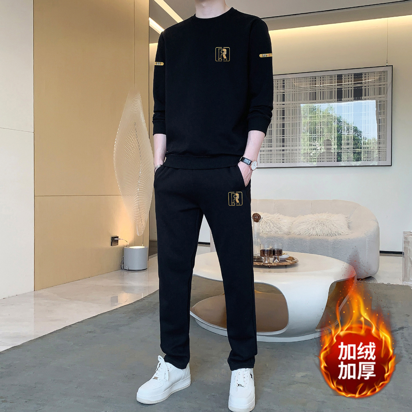 Foreign Trade Classy Casual Sports Suit Men's 2025 Autumn and Winter New Round Neck Velvet Sweatshirt and Sweatpants Two-Piece Set