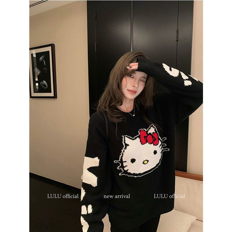Kitty Graffiti Loose Outer Wearing Wool Sweater Autumn Gentle Style Retro Elegant Round Neck Sweater Top for Women Kitty Graffiti Loose Outer Wearing Wool Sweater Autumn Gentle Style Retro Elegant Round Neck Sweater Top for Women