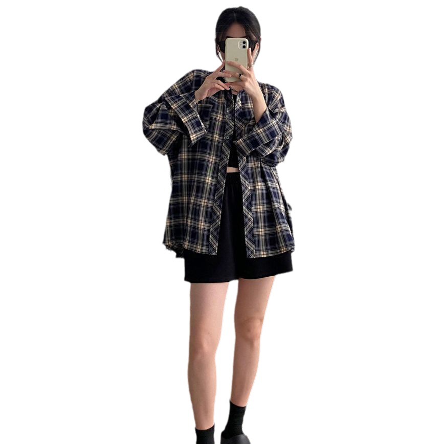 Camisa a cuadros retro americana para hombres y mujeres abrigo primavera y otoño cardigan diseño suelto camisa exterior de manga larga superior