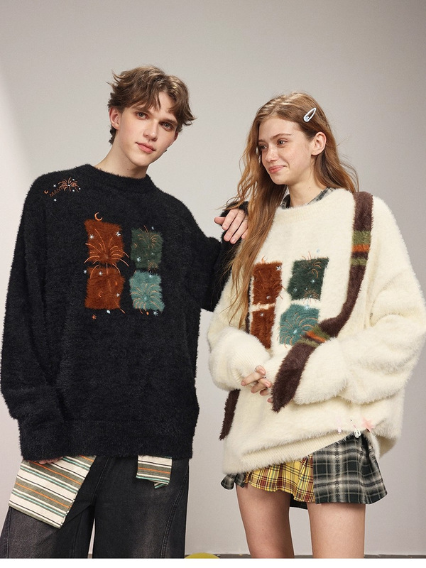 【Celebrity Style】American High Street Embroidered Sweater for Men, Autumn and Winter High-End Couple's Round Neck Knitwear Trend