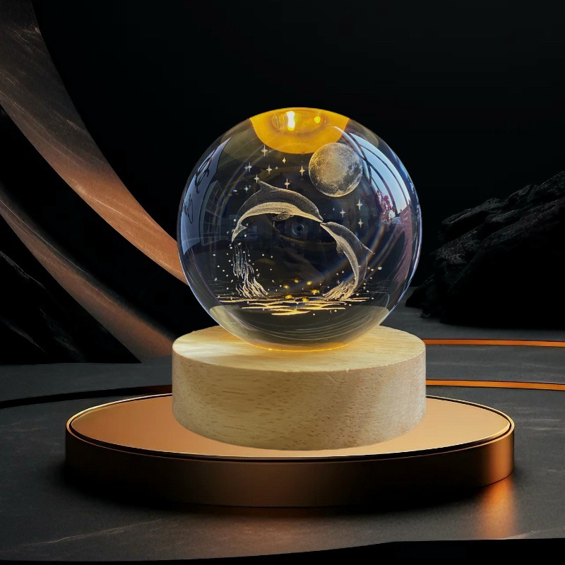 Lámpara de atmósfera base luminosa de madera 3D esculpida bola de cristal lámpara de noche estrella sistema solar regalos decorativos creativos