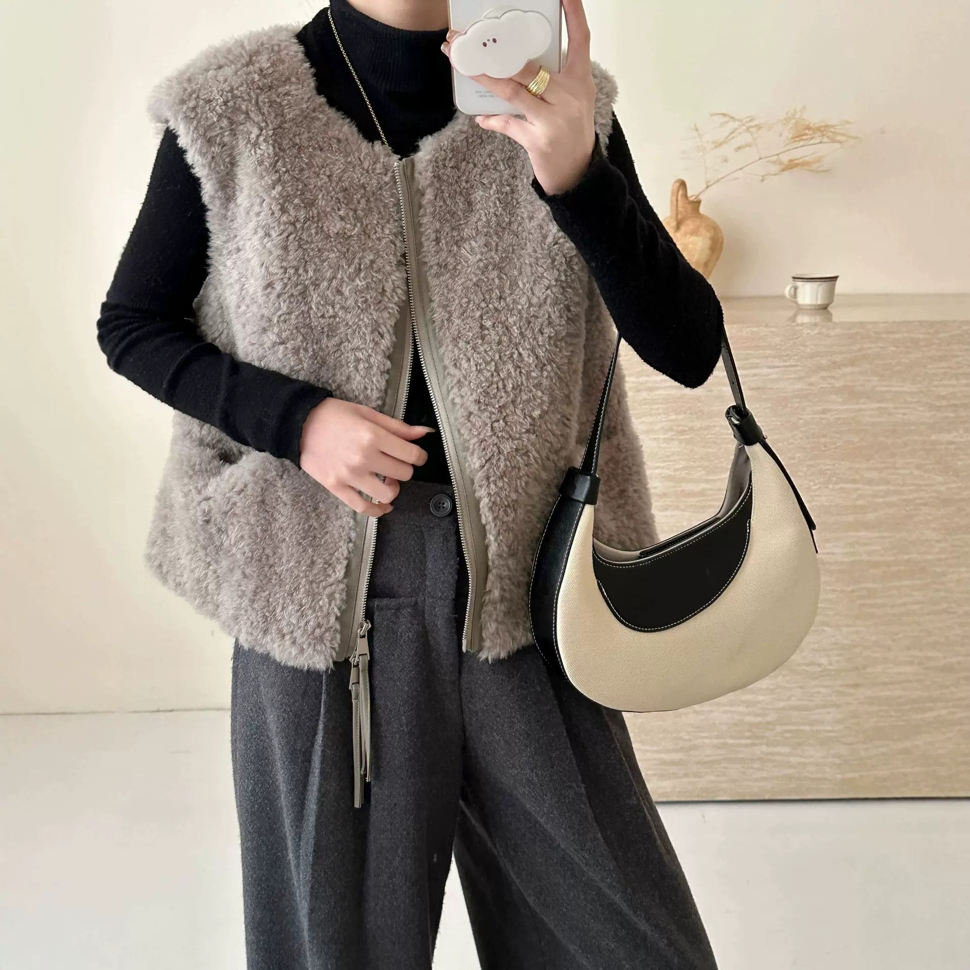 全羊毛颗粒绒圆领无袖口袋拉链开衫皮毛一体麂皮绒皮草马甲女秋冬