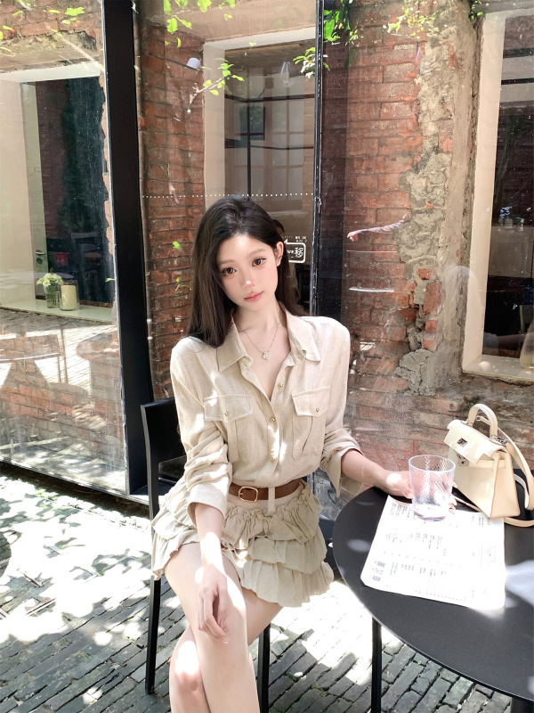 kubiliv松弛holiday法式松弛感亚麻正肩衬衫上衣蛋糕裙两件套|undefined