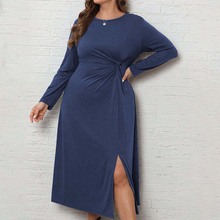 外贸国际站跨境大码女装简约优雅风连衣裙秋冬百搭时尚通勤中长裙