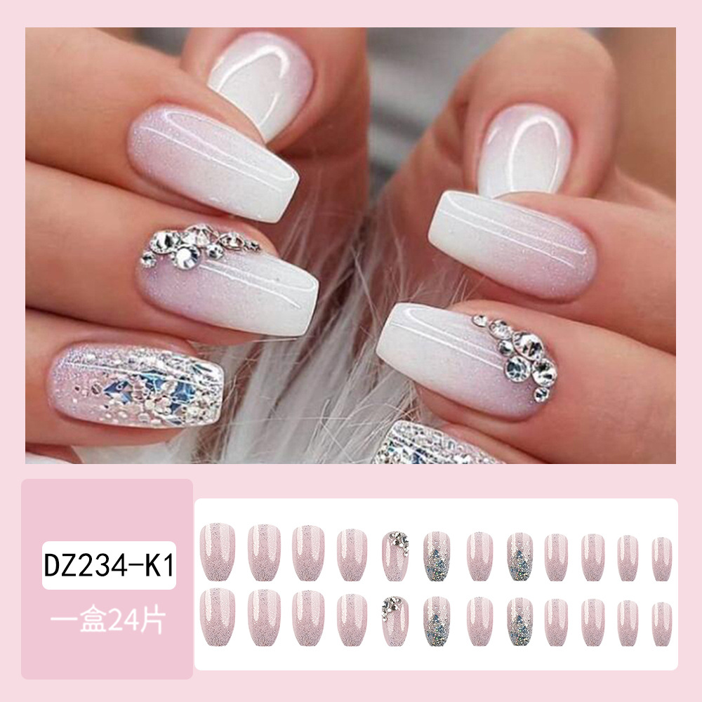 Ventas transfronterizas en caliente de color blanco de polvo de diamante de brillo de manicure ligero lujoso exquisito viento desgaste de uñas 24 piezas de parche de uñas