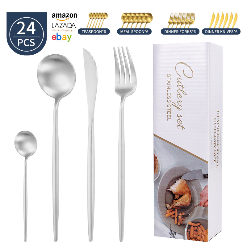 Transfronterizo Amazon mango redondo portugués cuchillo y tenedor cuchara set de platos de acero inoxidable mate cuchillo y tenedor de filete set 24 piezas