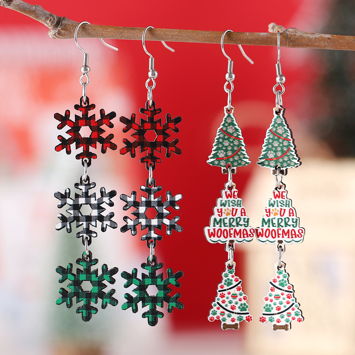 Bijoux de fête de Noël Boucles d'oreilles pendantes en forme de flocon de neige et d'arbre de Noël pour femmes_voghion.com
