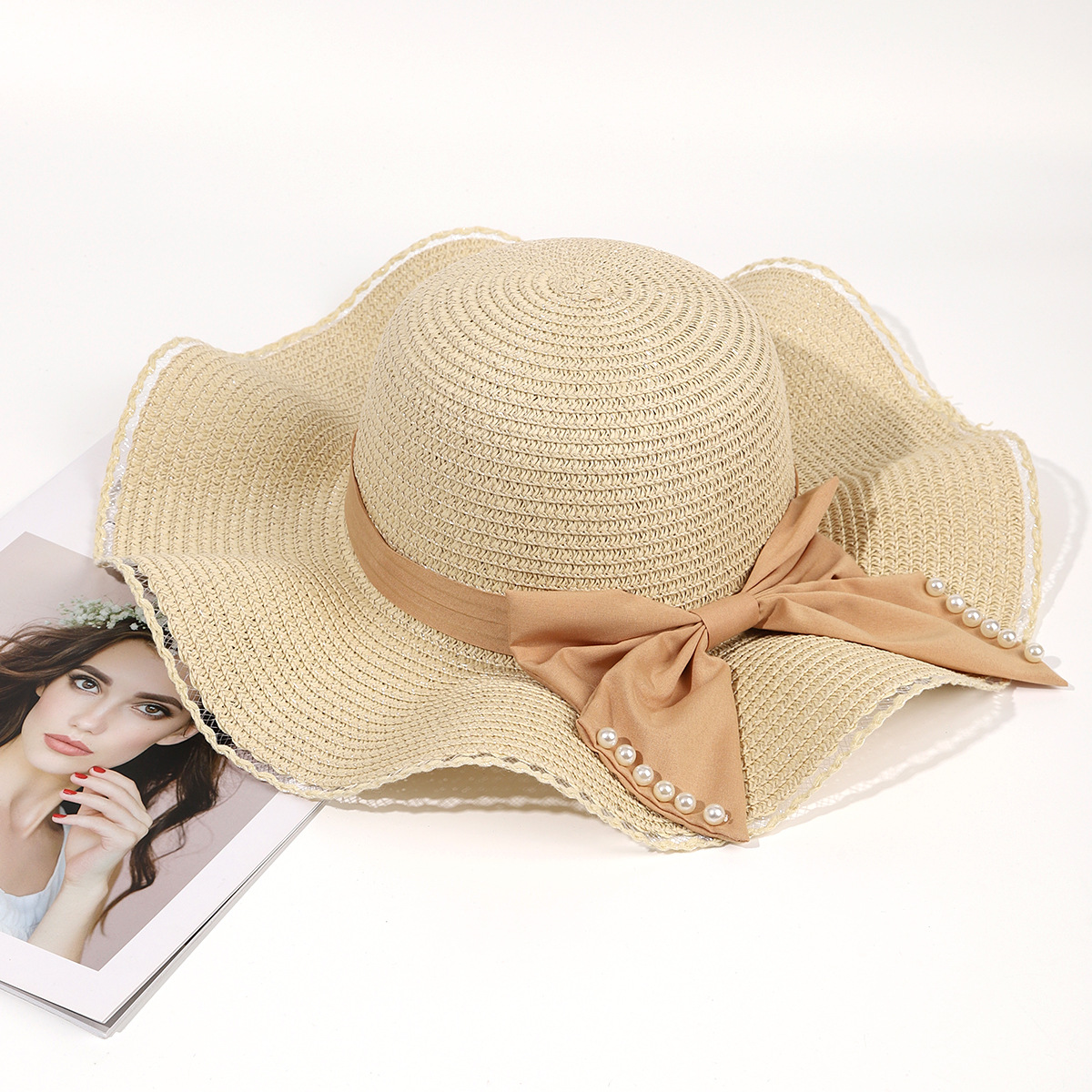 Sombrero de paja de viaje de verano flor sombrero de playa protección solar sombrero de sol ala grande paja tejida a mano arco sombrero de sol