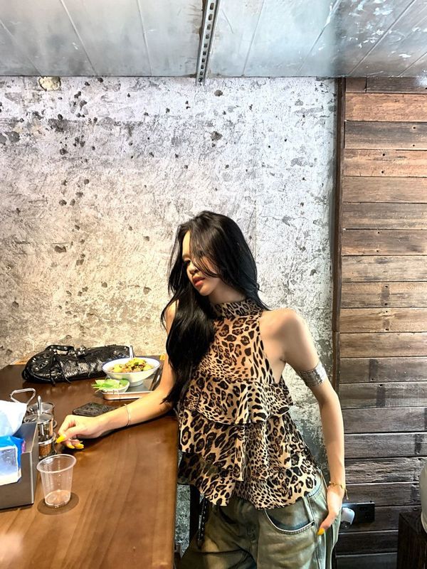 美式复古豹纹印花挂脖吊带女夏外穿多层荷叶边修身显瘦辣妹上衣潮|undefined