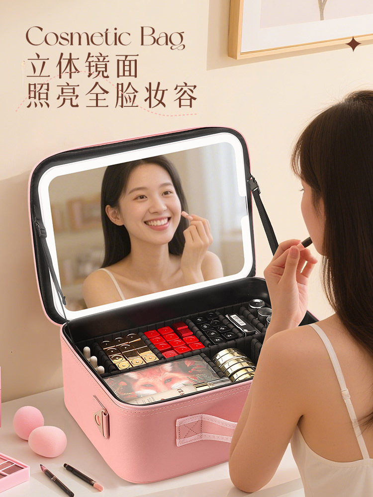 Maquillaje de belleza maquillaje de color red con lámpara caja de maquillaje con espejo bolsas de maquillaje LED portátiles caja de almacenamiento de gran capacidad