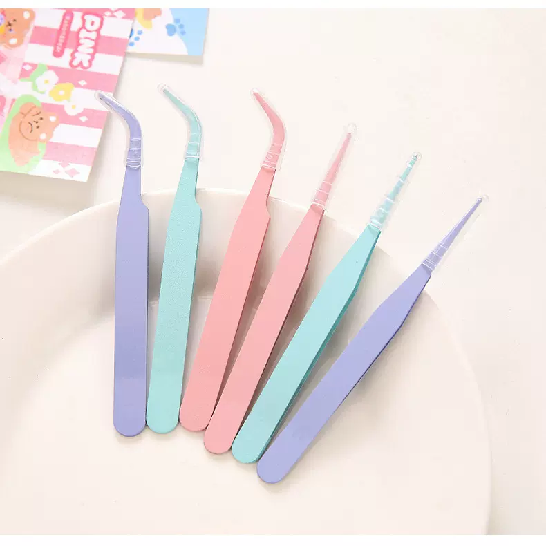 DIY彩色尖头弯头夹子马卡龙粉色睫毛手工手账镊子不锈钢镊子批发