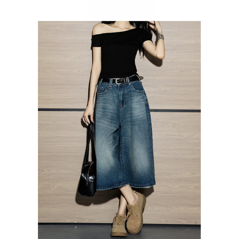 American-style women's cropped jeans 2025 new vintage blue loose high-waisted slimming wide-leg mid-length pants American-style women's cropped jeans 2025 new vintage blue loose high-waisted slimming wide-leg mid-length pants