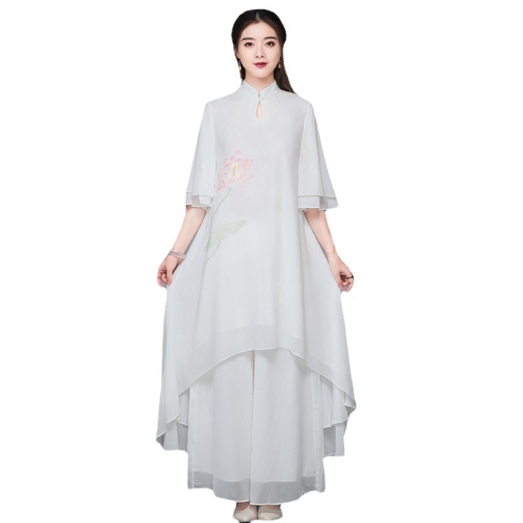 中国風唐装スーツ茶服文学レトロシフォンドレス禅服瞑想パフォーマンス服妖精の気質|undefined