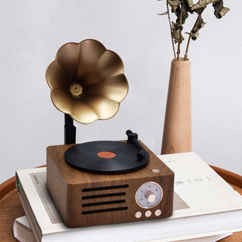 Retro Phonograph Bluetooth Speaker Wood Grain Mini Speaker Flower-Shaped Audio Rotating Record Player Gift Ornament Speaker