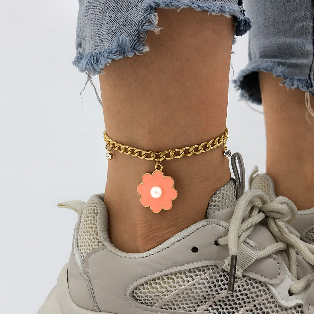 A0092 CrossBorder Simple Fashion Flower Foot Ornaments MicroInlaid Dripping Oil Trendy Cool Anklet Geometric Cold Style Elegant Accessoriespicture3