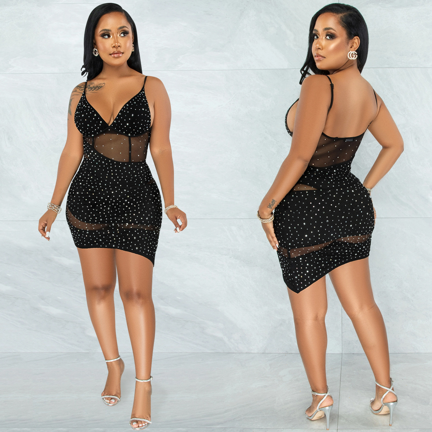X5575 transfronterizo europeo y americano moda ropa de mujer sexy con cuello en V malla perspectiva discoteca caliente rhinestone Sling vestido irregular