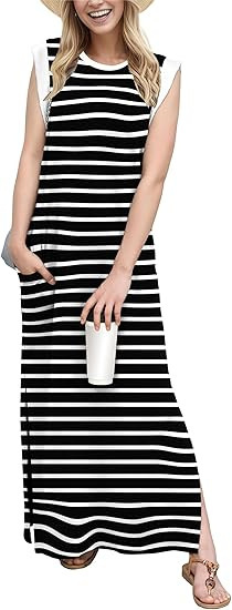 2025 ヨーロッパとアメリカの夏のラウンドネックカジュアルルーズスリットしわのないロングホリデードレスポケット付き工場卸売|undefined