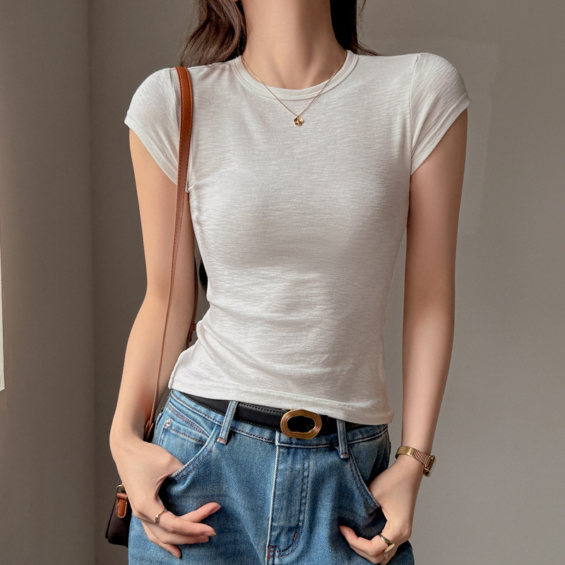 Summer Solid Color Slim-Fit Spicy Girl Style Short-Sleeve T-Shirt for Women, Korean High-End Feel, Thin Basic New Model Top