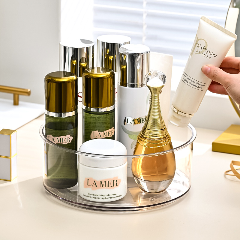 Estante de cocina doméstico multifuncional, transparente PET, giratorio 360°, para condimentos, frutas o escritorio.