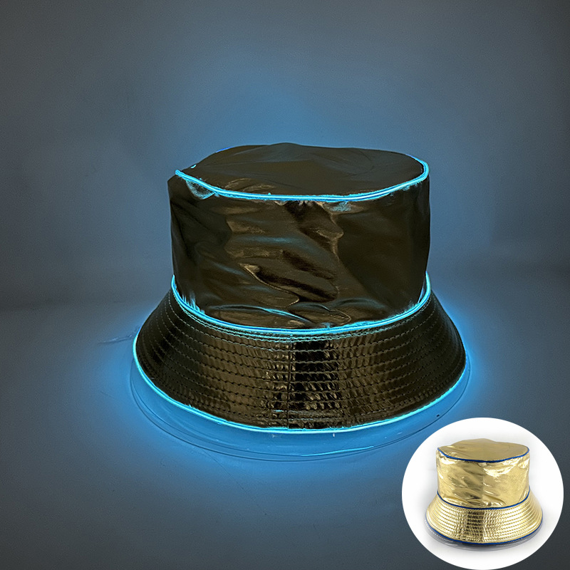 Ocio al aire libre sombrero de bañera de sol nocturna LED brillante tendencia sombrero de pescador sombrero de oro y plata sombrero de espectáculo de escenario