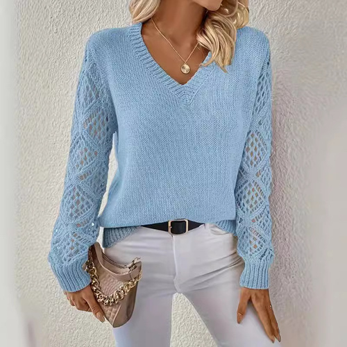 Spring and Autumn Knitted Top for European and American Women, Elegant V-Neck Hollow Long Sleeve Solid Color Knit Top
