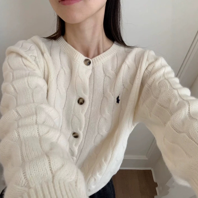 In-stock high-quality RL Ralph Lauren embroidered pony logo round-neck chunky cable knit cardigan for women, fashionable and simple style top