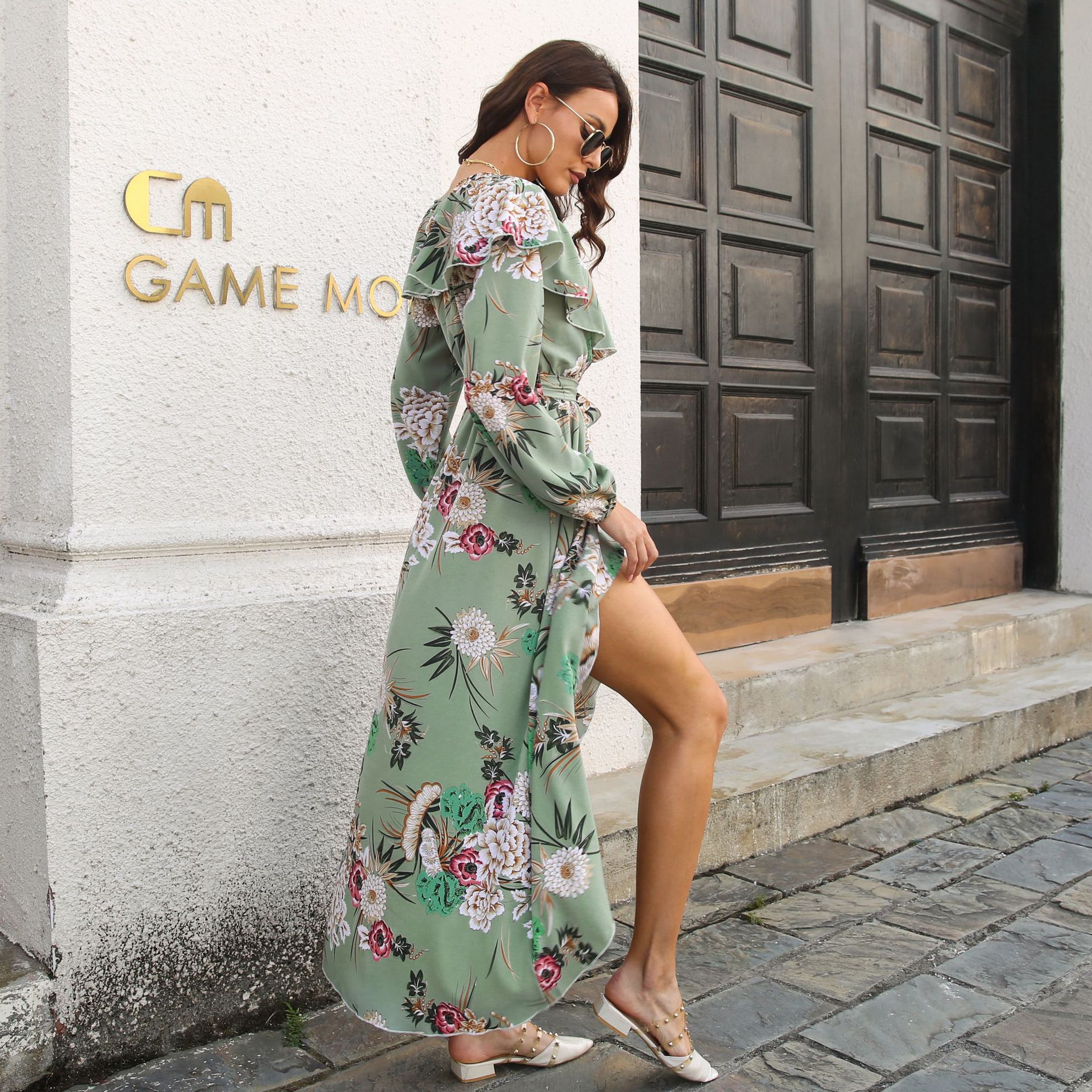Ruffled Collar Lantern Sleeve Long Sleeve Dress Floral Wrap Split Expansion Maxi Dress Women Women Clothing 12 Ruffled Collar Lantern Sleeve Long Sleeve Dress Floral Wrap Split Expansion Maxi Dress Women Women Clothing