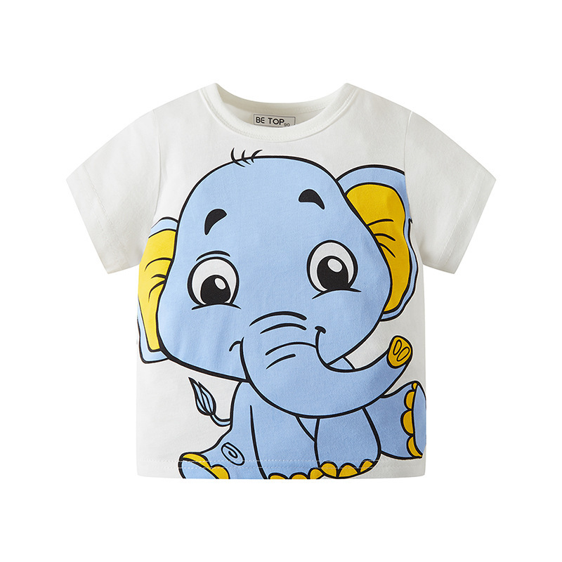 Camisa de verano personalizada para niños, patrón de elefante de dibujos animados de media manga para niños, T de manga corta para niños, ropa de algodón para bebés