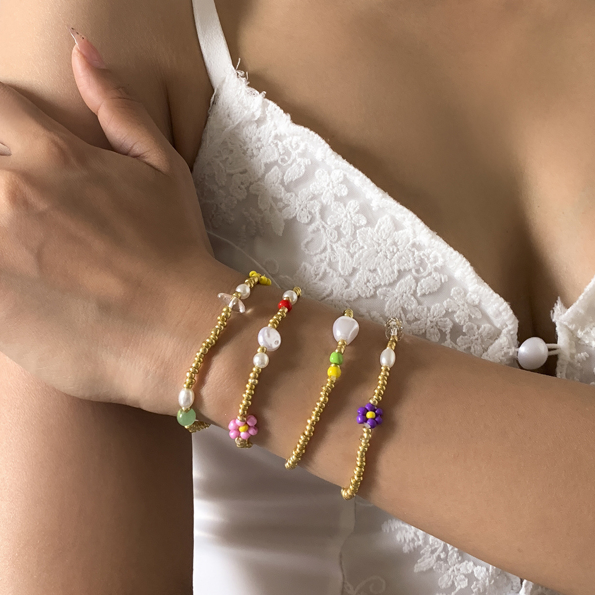 flower imitation pearl rice bead adjustable bracelet set wholesale jewelry Nihaojewelrypicture10