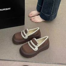 白色英伦风松糕厚底小皮鞋女2024冬新款棉鞋复古加绒一脚蹬乐福鞋