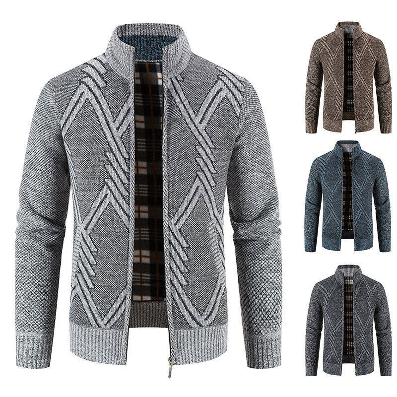 Трансграничный Новый плюшевый свитер мужской воротник ромбовидный вязаный кардиган на молнии осенний зимний мужской свитер куртка