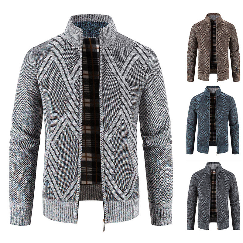 Cross-border New fleece-lined Sweater Men's Collar Diamond Knitted Zipper Cardigan Autumn and Winter Men's Sweater Coat Jacket