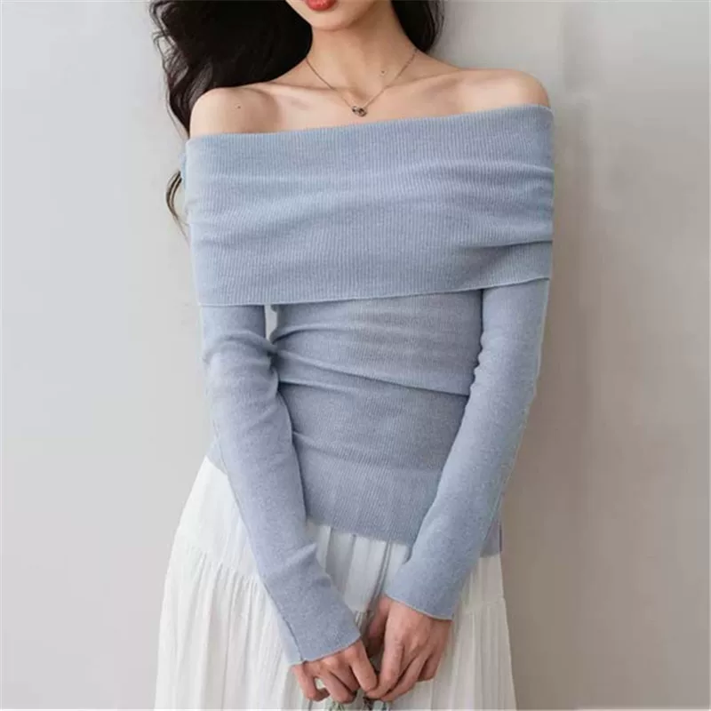 Atmospheric knitted spring fitted blue fuchsia sweater