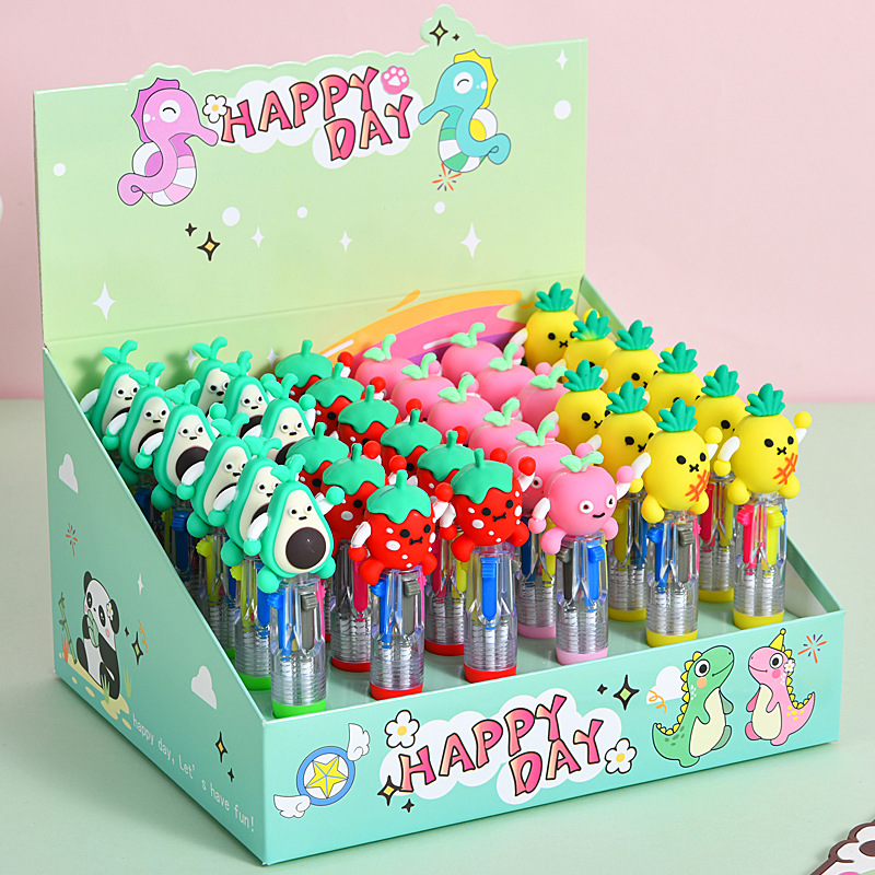 Caricatura de fruta encantadora mini bolígrafo de cuatro colores multicolor en uno bolígrafo de cuentas de mano de color para estudiantes premios papelería al por mayor