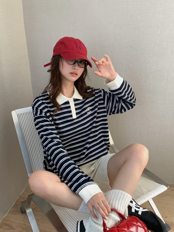 3655长袖2025秋新款女紫米刺绣条纹休闲POLO领T恤即墨卫衣厂|undefined