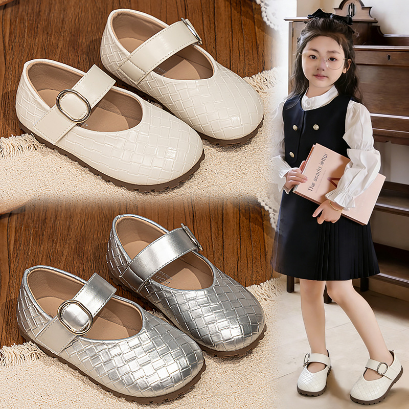 Zapatos de cuero de niñas 2026 primavera nuevos zapatos casuales blancos para niños zapatos de princesa de tejer para niños zapatos marizhen