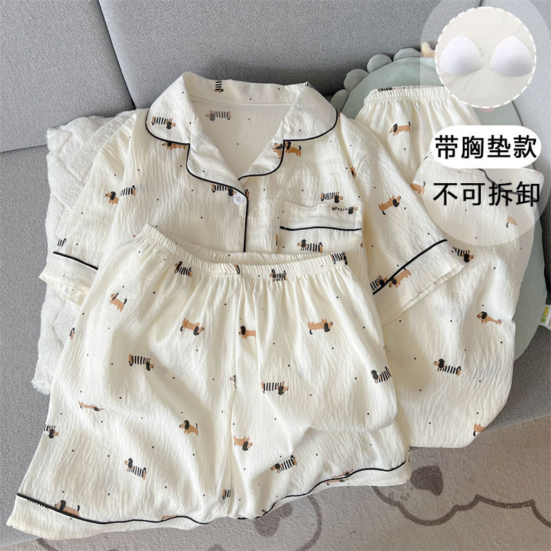 Three-Piece Set of Cloud Cotton Pajamas with Breast Pads for Women, Spring, Autumn and Summer Thin Short-Sleeved Shorts and Long Pants Home Wear Three-Piece Set of Cloud Cotton Pajamas with Breast Pads for Women, Spring, Autumn and Summer Thin Short-Sleeved Shorts and Long Pants Home Wear