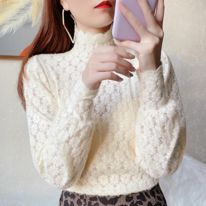 White Long-sleeved Shirt Women's Fleece-lined Thickened Lace Autumn and Winter Design Sense Niche Western-style Flocking Base Shirt