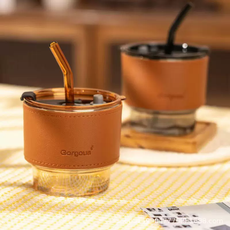 耐热奶茶咖啡吸管杯网红竹节杯情侣款带盖饮料果汁水杯 玻璃杯