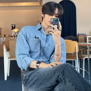 2023 Spring and Autumn Korean Style Trendy Denim Shirt Men's Long Sleeve Loose Hong Kong Style Retro Easiest for Match Casual Shirt Jacket